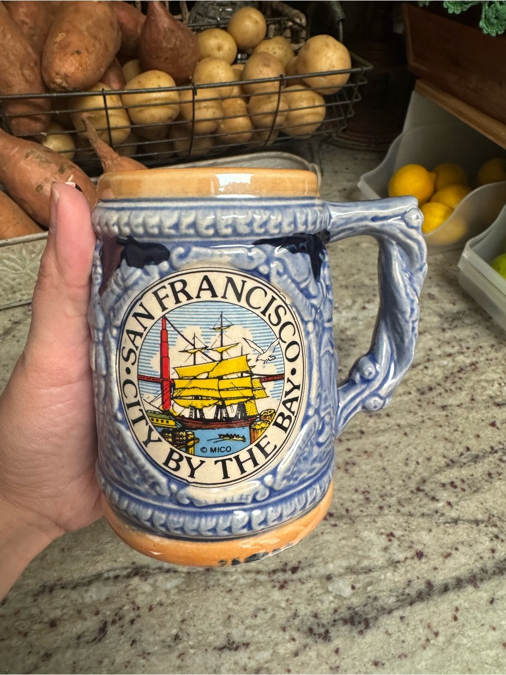Vintage San Francisco Blue and Yellow Ceramic Steins Mug